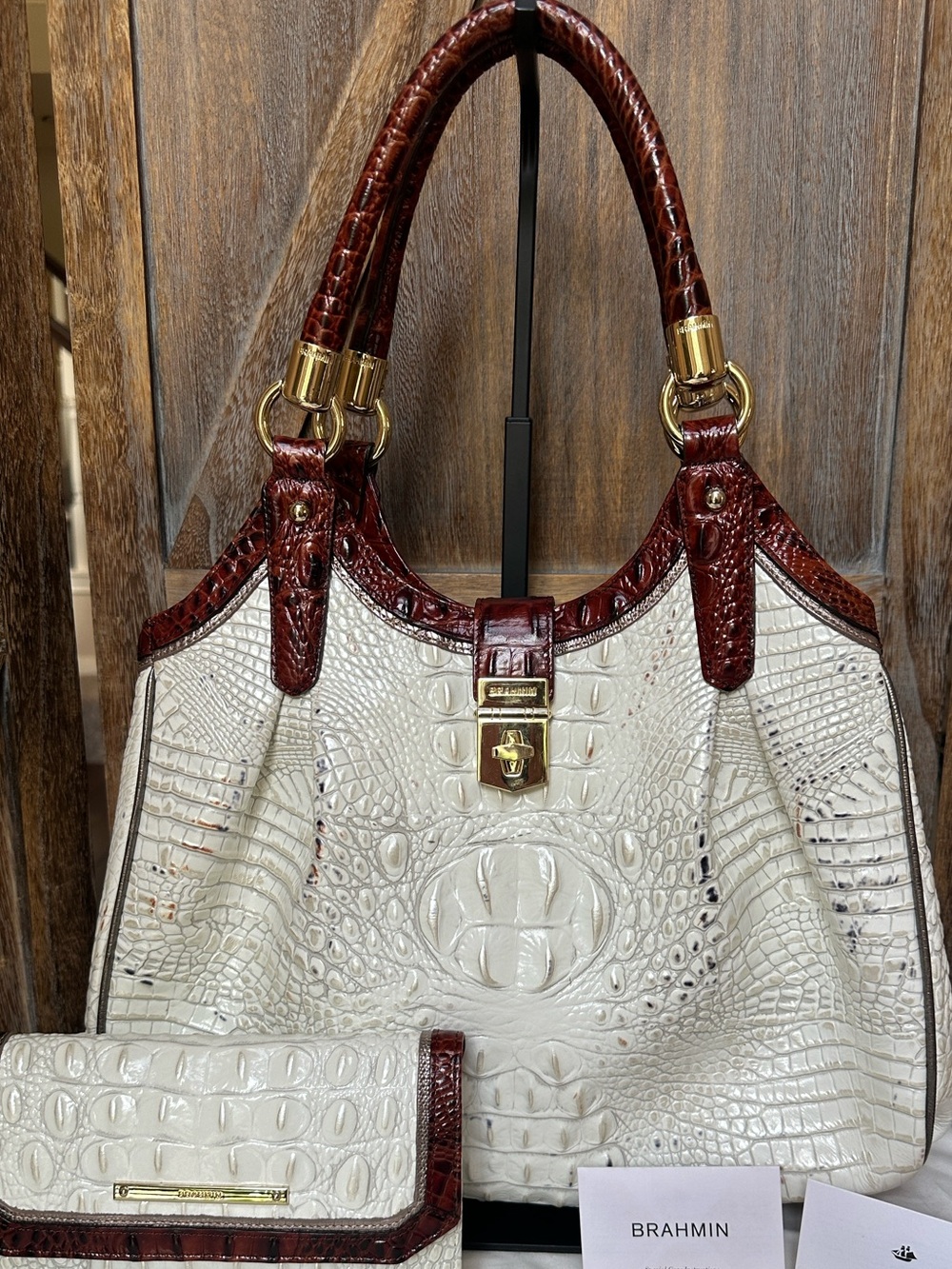 Brahmin Celia Melbourne Croc Embossed Leather Satchel Tote & Matching Wallet